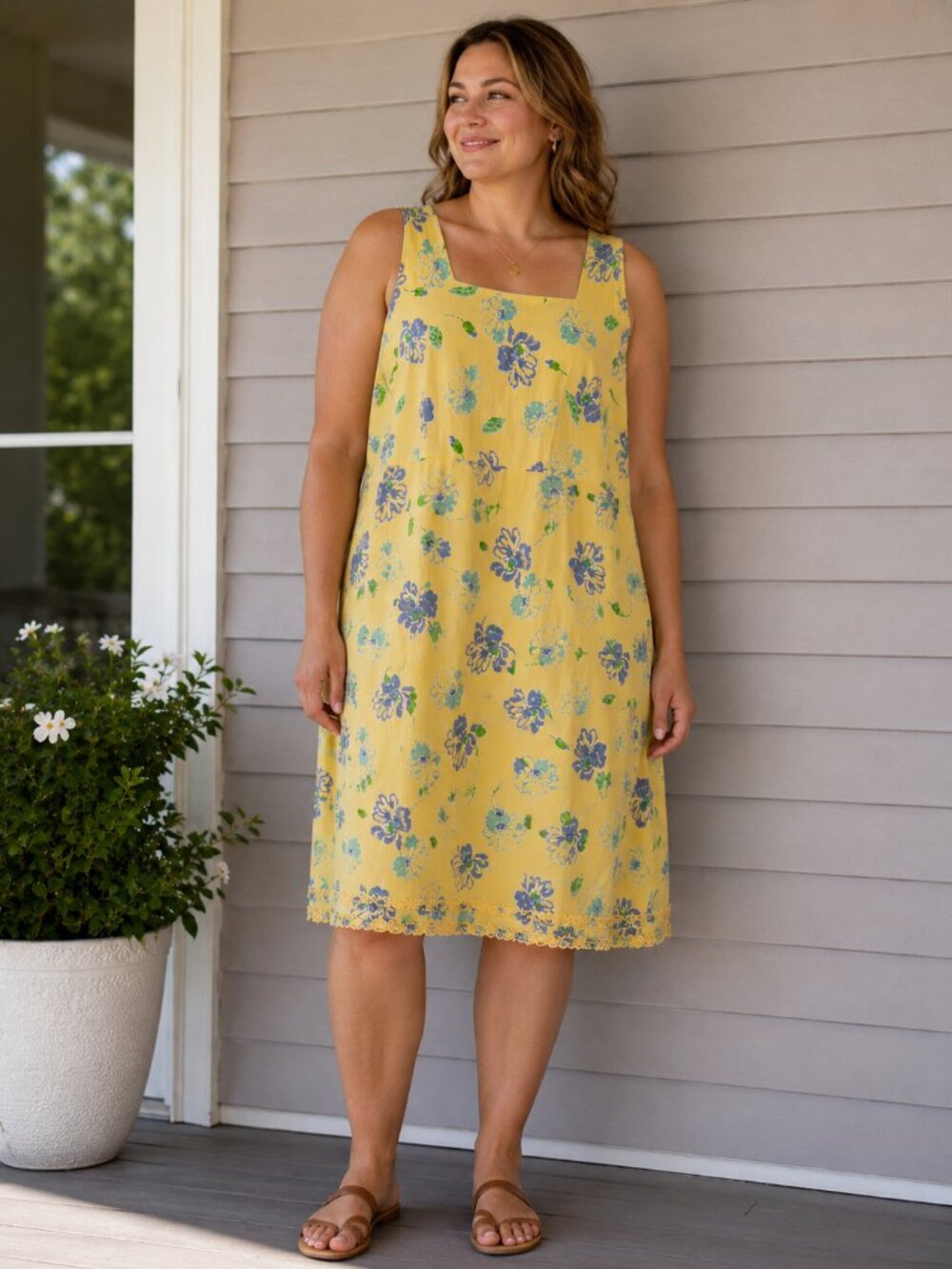 Fresh produce Yellow Floral A-Line Skirt with Blue Flowers 100% Cotton Size Xl